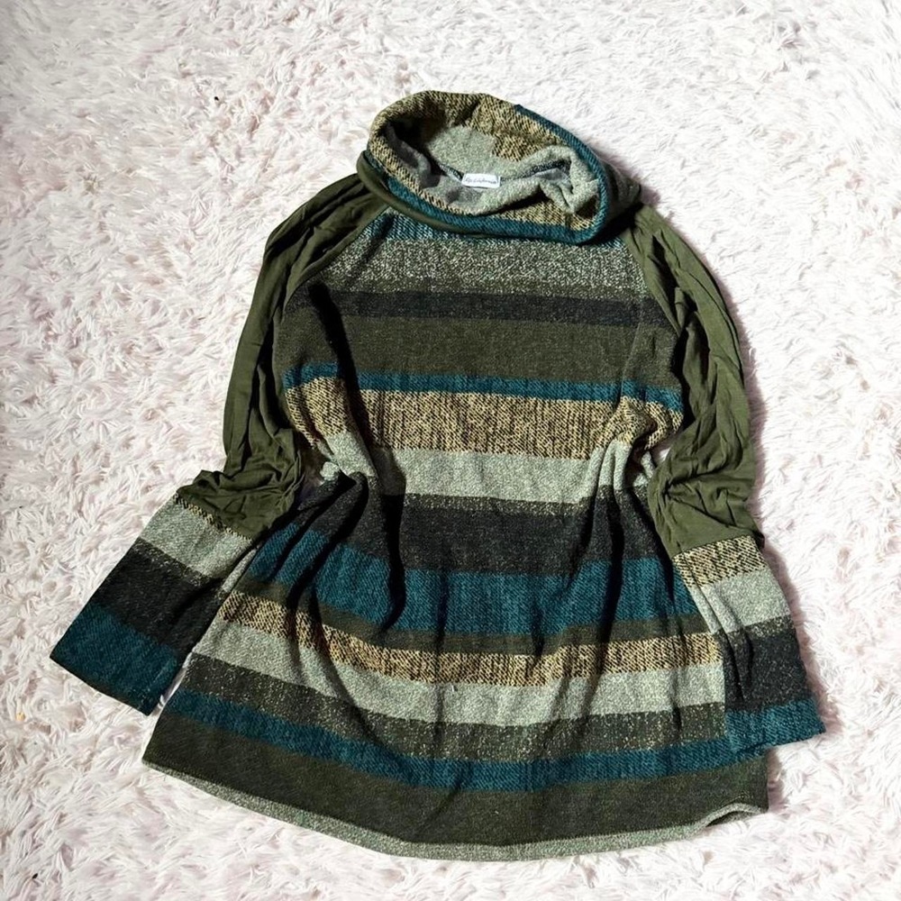 Boho Dark Indie Striped Earthy Cowl Neck Casual Top Womens M Stretchy Granola